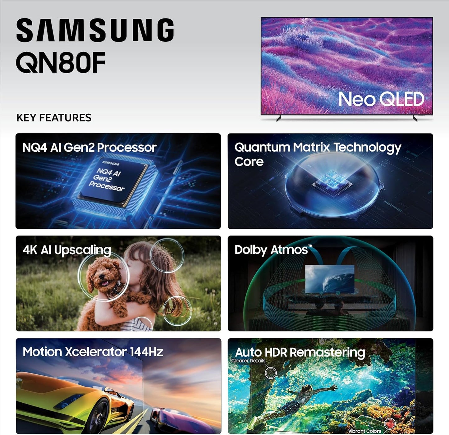 Samsung Neo QLED 4K QN80F Series Smart TV 2025 - Mini LED, Vision AI, Dolby Atmos, 144Hz Gaming